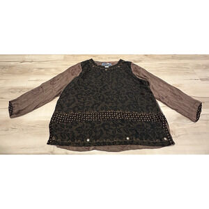 Tienda Ho Women OSFM Blouse‎ Embroidered Long Sleeve Boho Floral Brown